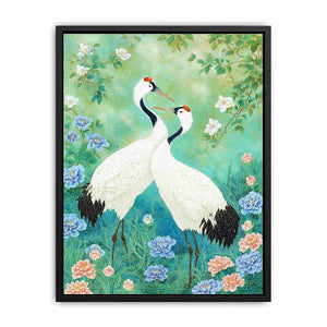 Two white cranes among peonies and mint greenery for elegant Asian botanical decor.