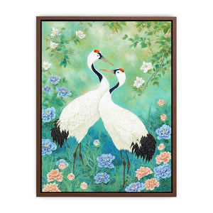 Two white cranes among peonies and mint greenery for elegant Asian botanical decor.