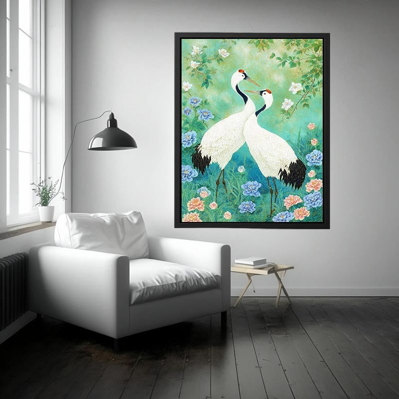 Two white cranes among peonies and mint greenery for elegant Asian botanical decor.