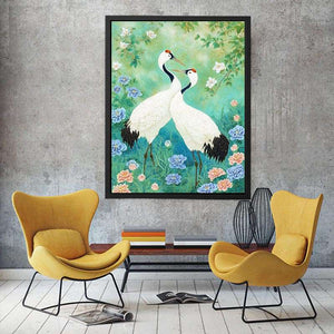 Two white cranes among peonies and mint greenery for elegant Asian botanical decor.