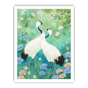 Two white cranes among peonies and mint greenery for elegant Asian botanical decor.