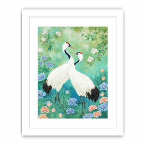 Two white cranes among peonies and mint greenery for elegant Asian botanical decor.