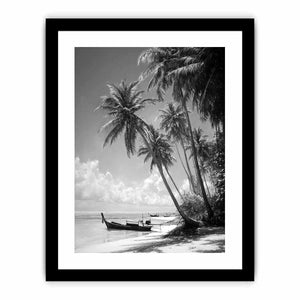 Black and white tropical palms and longtail boat for serene coastal bedroom wall art.