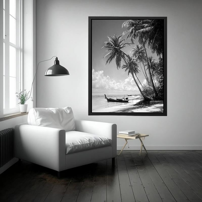 Black and white tropical palms and longtail boat for serene coastal bedroom wall art.