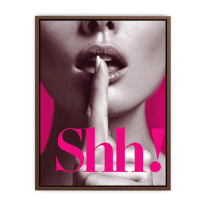 Editorial close-up portrait with shh typography and hot pink accents for glam wall decor.