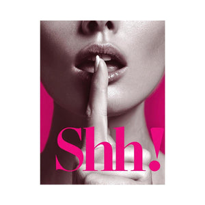 Editorial close-up portrait with shh typography and hot pink accents for glam wall decor.
