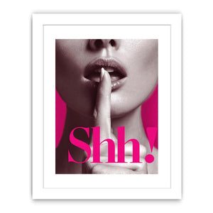 Editorial close-up portrait with shh typography and hot pink accents for glam wall decor.
