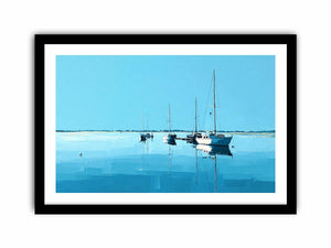 Minimal blue sailboats reflected on calm water for serene coastal living room decor.