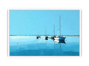 Minimal blue sailboats reflected on calm water for serene coastal living room decor.
