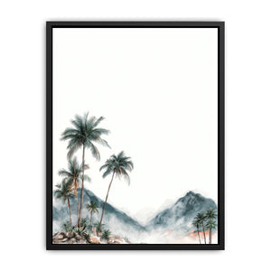 Minimal misty palm mountains in soft watercolor style for calming bedroom wall decor.