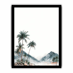 Minimal misty palm mountains in soft watercolor style for calming bedroom wall decor.