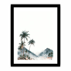 Minimal misty palm mountains in soft watercolor style for calming bedroom wall decor.