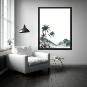 Minimal misty palm mountains in soft watercolor style for calming bedroom wall decor.