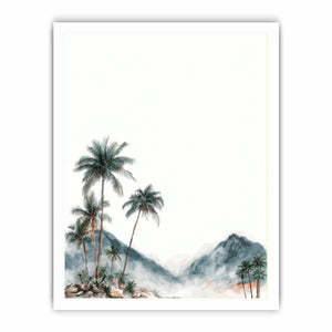 Minimal misty palm mountains in soft watercolor style for calming bedroom wall decor.