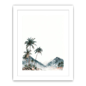 Minimal misty palm mountains in soft watercolor style for calming bedroom wall decor.