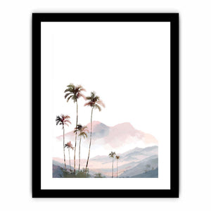 Soft blush palm mountain watercolor for airy tropical bedroom or nursery wall decor.