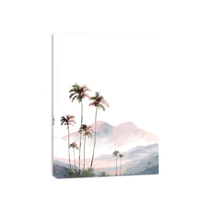 Soft blush palm mountain watercolor for airy tropical bedroom or nursery wall decor.