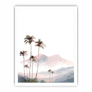 Soft blush palm mountain watercolor for airy tropical bedroom or nursery wall decor.