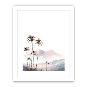 Soft blush palm mountain watercolor for airy tropical bedroom or nursery wall decor.