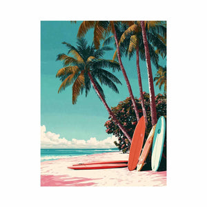 Retro tropical surfboards under palm trees on a colorful beach for coastal wall decor.