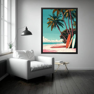 Retro tropical surfboards under palm trees on a colorful beach for coastal wall decor.