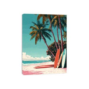Retro tropical surfboards under palm trees on a colorful beach for coastal wall decor.