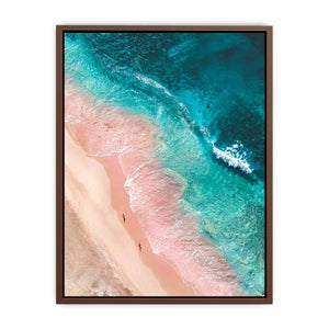 Aerial turquoise beach canvas art with blush sand for modern coastal bedroom decor.