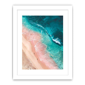 Aerial turquoise beach canvas art with blush sand for modern coastal bedroom decor.