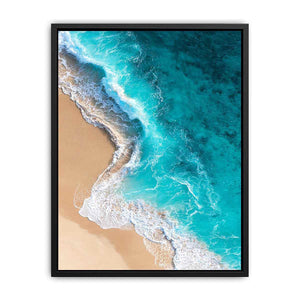 Turquoise aerial ocean wave canvas art for modern coastal living room wall decor.