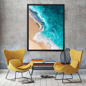 Turquoise aerial ocean wave canvas art for modern coastal living room wall decor.
