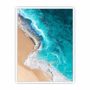 Turquoise aerial ocean wave canvas art for modern coastal living room wall decor.