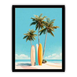 Retro palm tree and surfboard canvas art for colorful coastal bedroom decor.