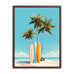 Retro palm tree and surfboard canvas art for colorful coastal bedroom decor.