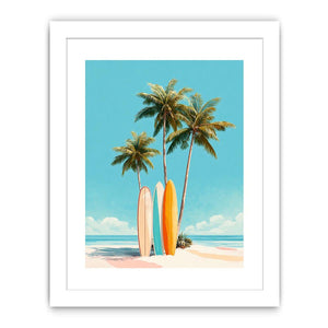 Retro palm tree and surfboard canvas art for colorful coastal bedroom decor.