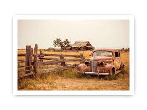 Rustic vintage car and farmhouse canvas art for warm country living room decor.