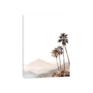 Minimal palm tree and soft mountain canvas art for neutral modern bedroom decor.
