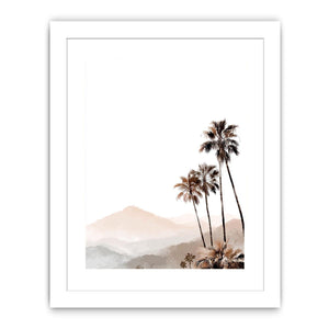 Minimal palm tree and soft mountain canvas art for neutral modern bedroom decor.