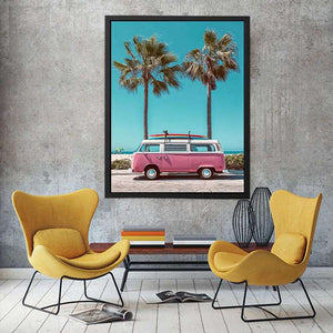 Pink surf van and palm tree canvas art for retro coastal bedroom wall decor.