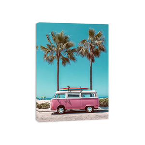 Pink surf van and palm tree canvas art for retro coastal bedroom wall decor.