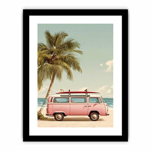 Pastel pink surf van and palm tree canvas art for vintage coastal bedroom decor.