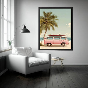 Pastel pink surf van and palm tree canvas art for vintage coastal bedroom decor.