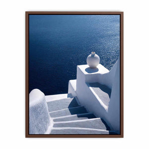 Santorini white stairs and blue sea canvas art for Mediterranean living room decor.