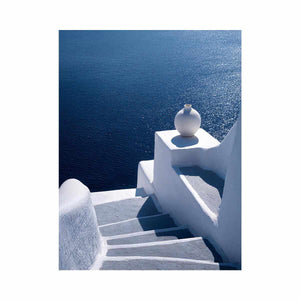 Santorini white stairs and blue sea canvas art for Mediterranean living room decor.