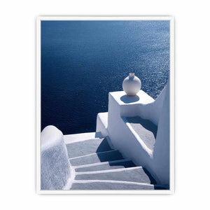 Santorini white stairs and blue sea canvas art for Mediterranean living room decor.