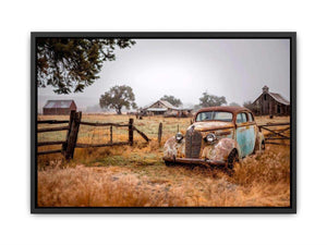 Weathered vintage car and rustic farm canvas art for farmhouse living room decor.