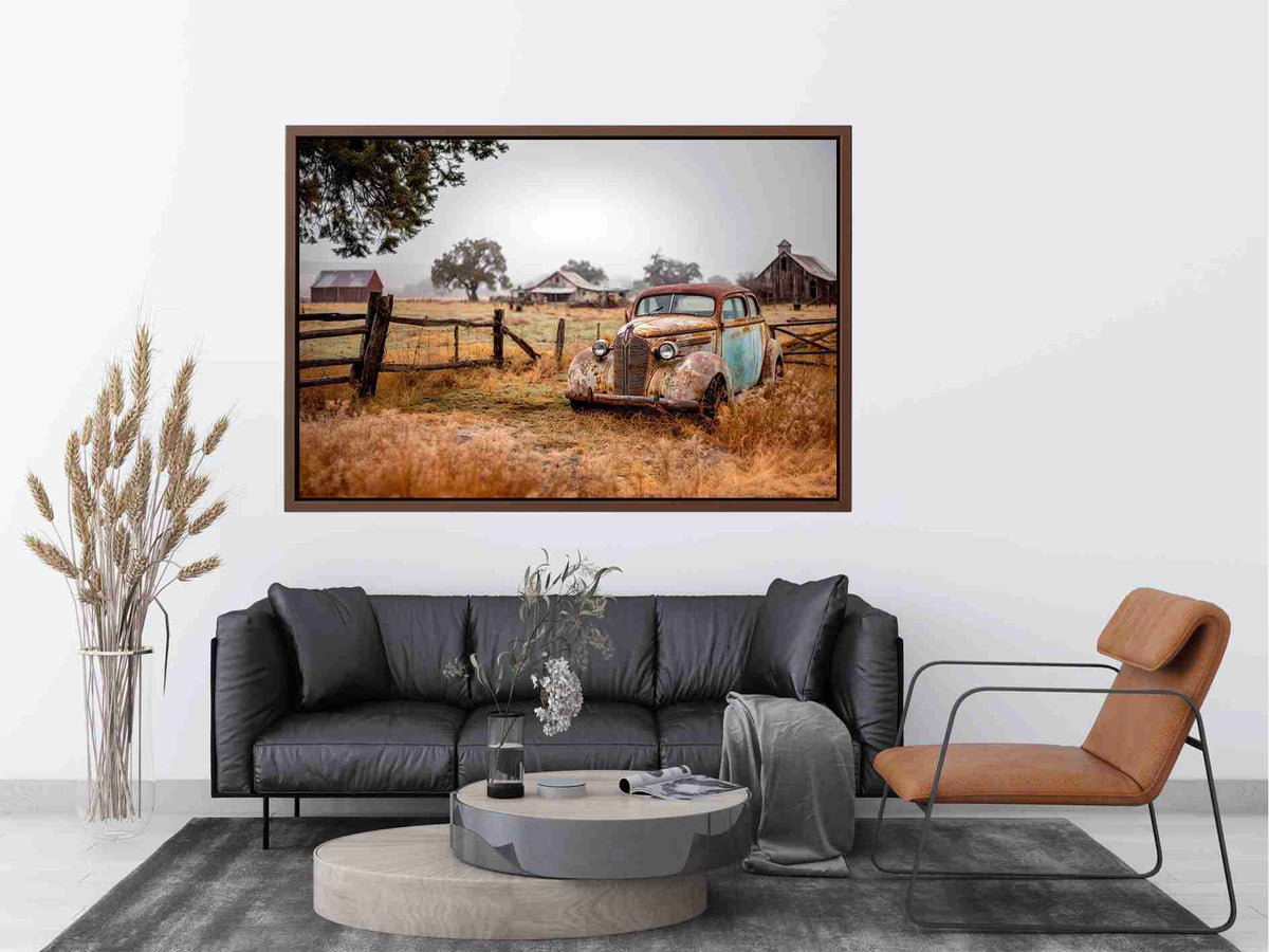 Weathered vintage car and rustic farm canvas art for farmhouse living room decor.