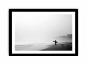 Black and white surfer beach canvas art for calm modern coastal wall decor.
