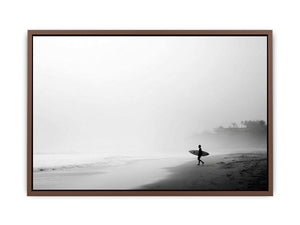 Black and white surfer beach canvas art for calm modern coastal wall decor.