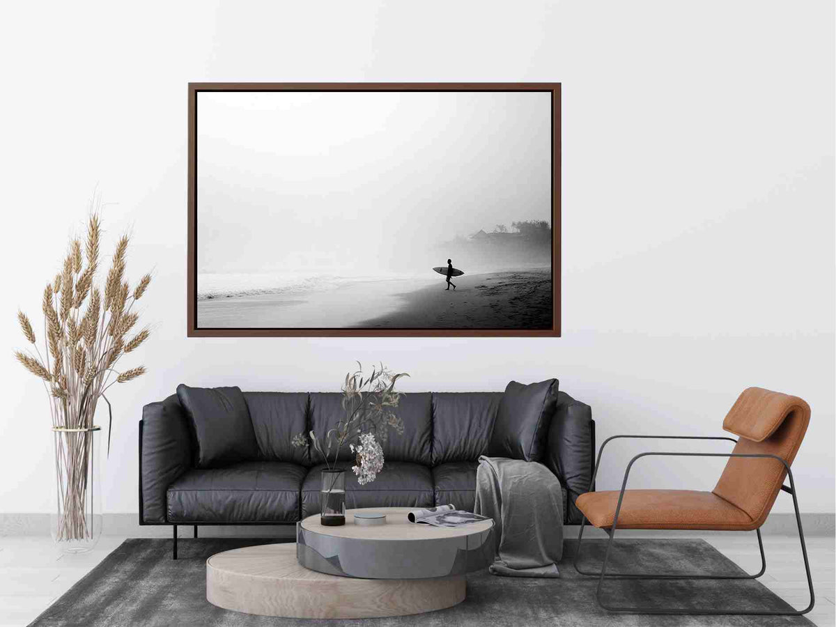 Black and white surfer beach canvas art for calm modern coastal wall decor.