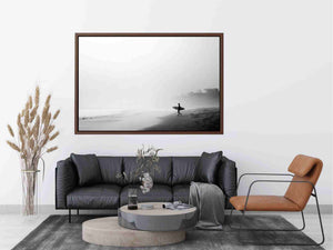 Black and white surfer beach canvas art for calm modern coastal wall decor.